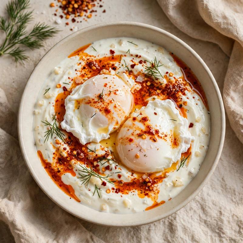 Photo of Cilbir Turkish Eggs in Garlicky Yogurt, a breakfast recipe from FluentFuel