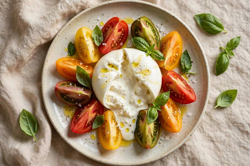 Photo of Burrata and Heirloom Tomato Plate, a breakfast recipe from FluentFuel