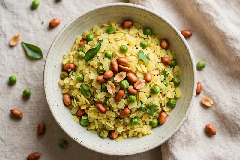Photo of Poha Flattened Rice with Peas and Peanuts, a breakfast recipe from FluentFuel