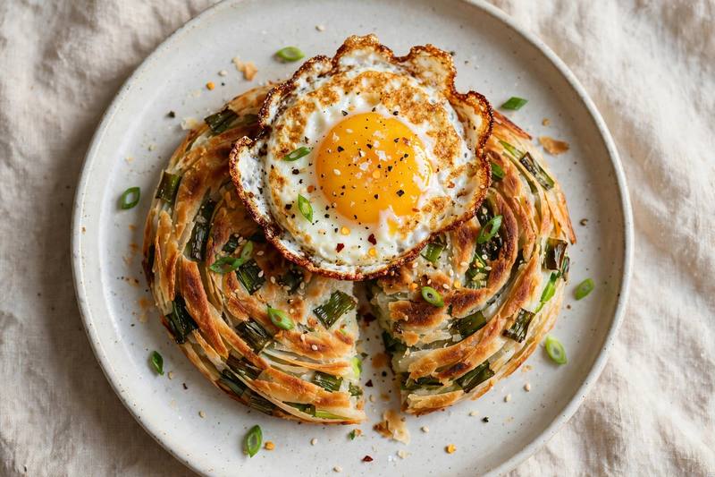 Photo of Scallion Pancakes with Fried Egg, a breakfast recipe from FluentFuel