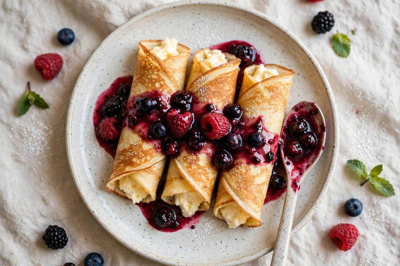 Photo of Cheese Blintzes with Berry Sauce, a breakfast recipe from FluentFuel