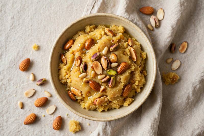 Photo of Semolina Halva with Toasted Nuts, a breakfast recipe from FluentFuel
