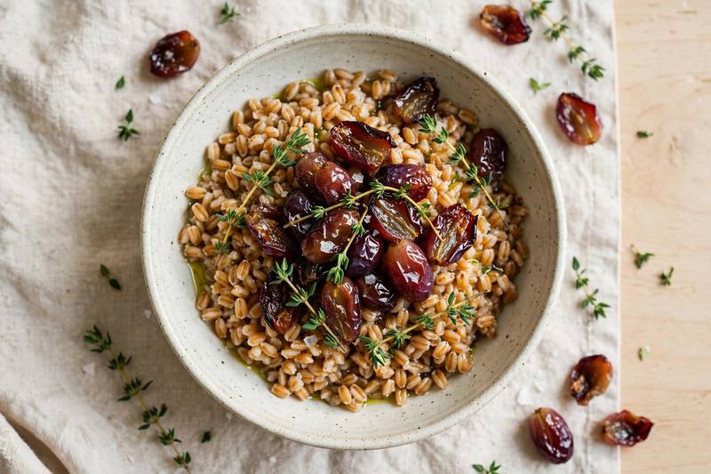 Photo of Farro Bowl with Roasted Grapes and Thyme, a breakfast recipe from FluentFuel