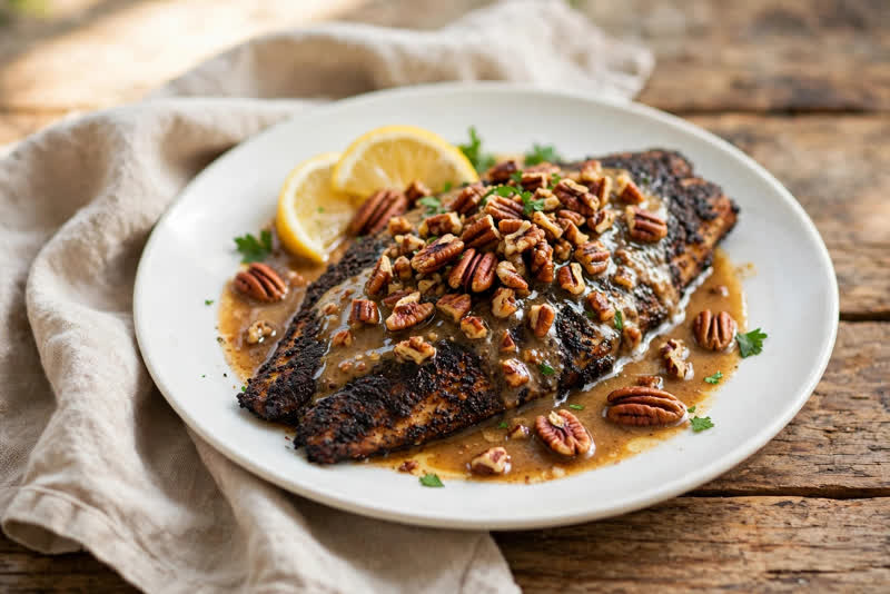 Photo of Blackened Catfish with Pecan Meunière, a dinner recipe from FluentFuel