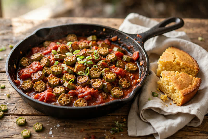 Photo of Smothered Okra and Tomatoes, a dinner recipe from FluentFuel