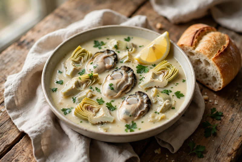 Photo of Oyster and Artichoke Soup, a dinner recipe from FluentFuel