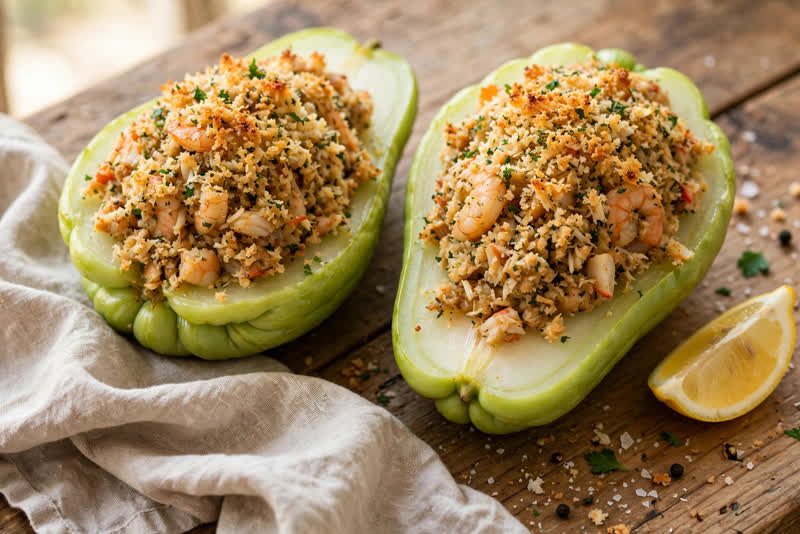 Photo of Shrimp and Crab Stuffed Mirlitons, a dinner recipe from FluentFuel