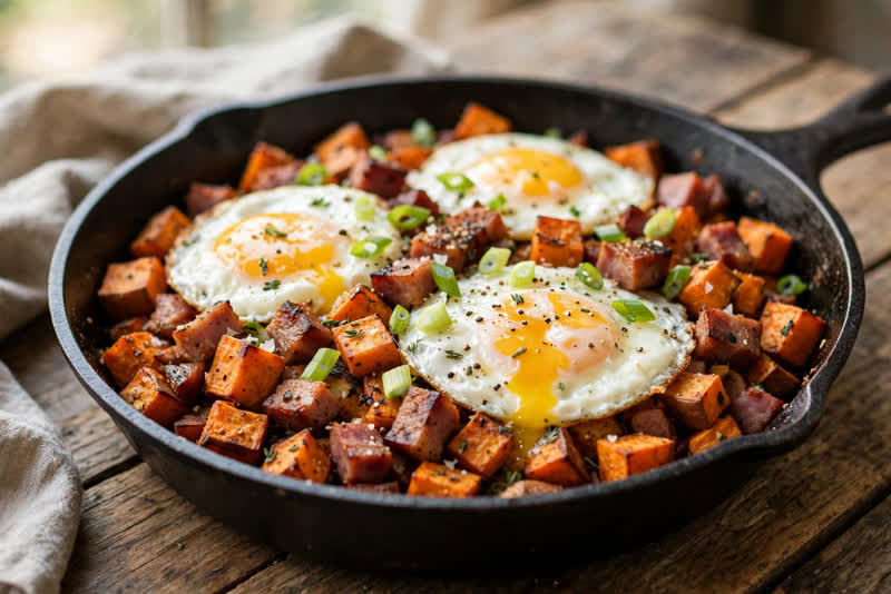 Photo of Tasso and Sweet Potato Breakfast Hash, a breakfast recipe from FluentFuel