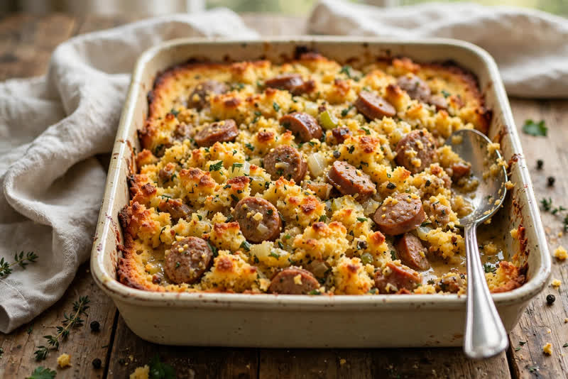 Photo of Cornbread Dressing with Andouille, a dinner recipe from FluentFuel
