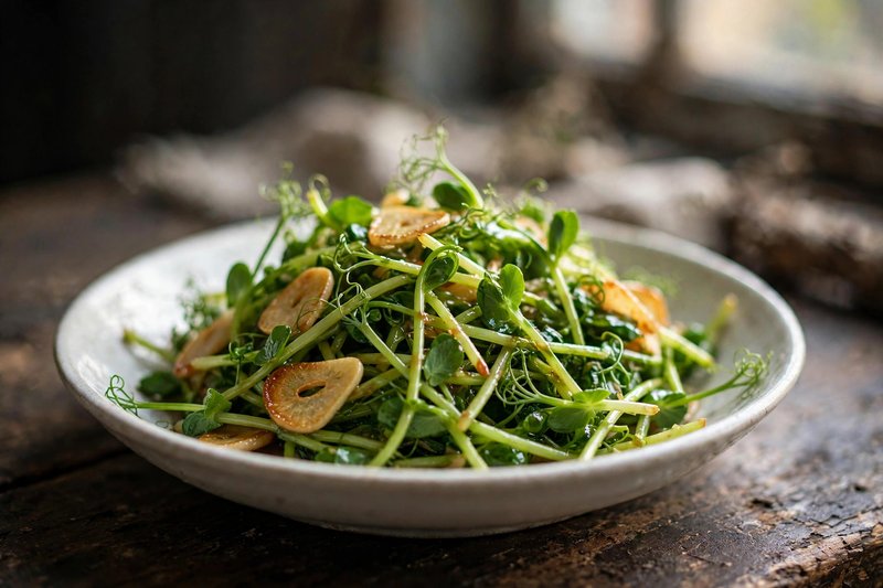 Photo of Garlic Pea Shoots, a dinner recipe from FluentFuel