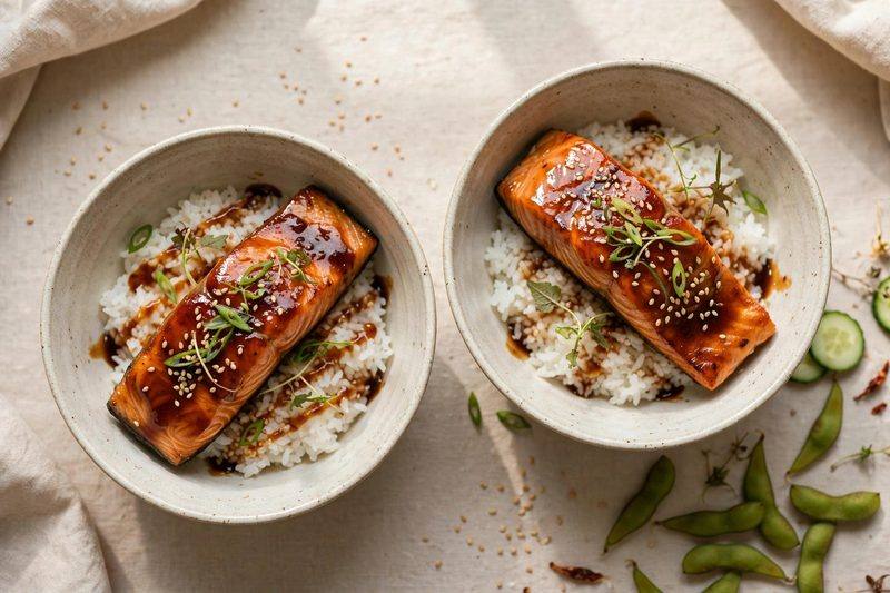Photo of Salmon Teriyaki Rice Bowls, a dinner recipe from FluentFuel