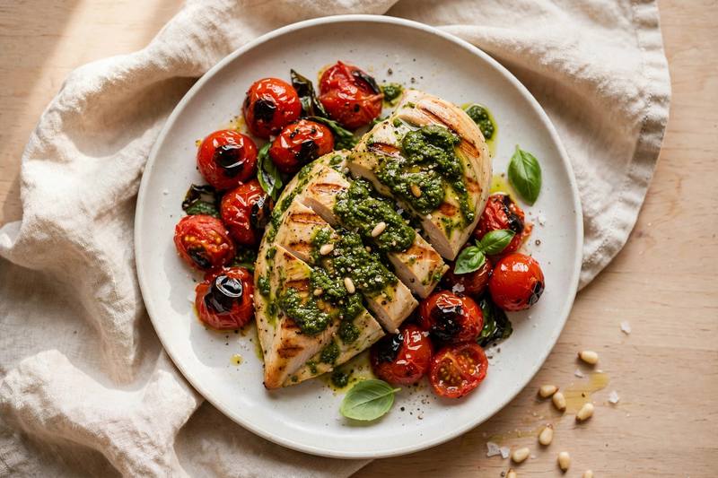Photo of Pesto Grilled Chicken with Blistered Tomatoes, a dinner recipe from FluentFuel