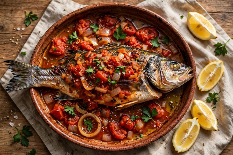 Photo of Psari Plaki (Baked Fish with Tomatoes), a dinner recipe from FluentFuel