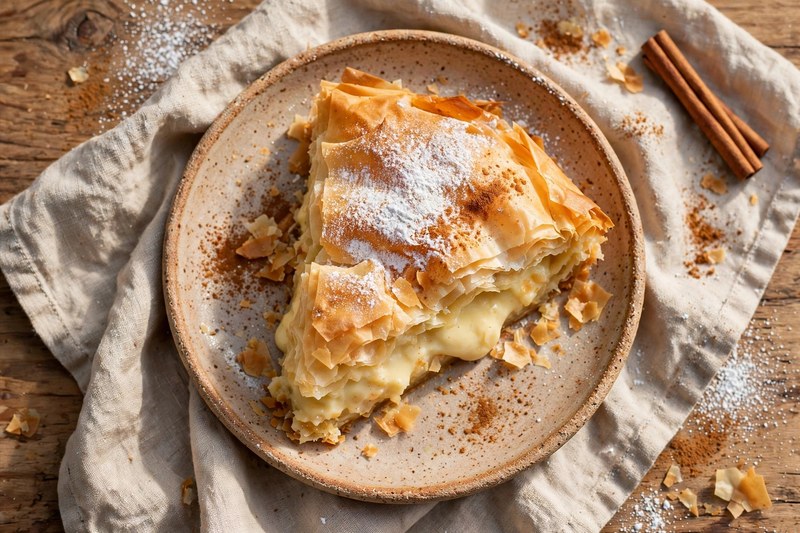 Photo of Bougatsa (Custard Phyllo Pie), a breakfast recipe from FluentFuel