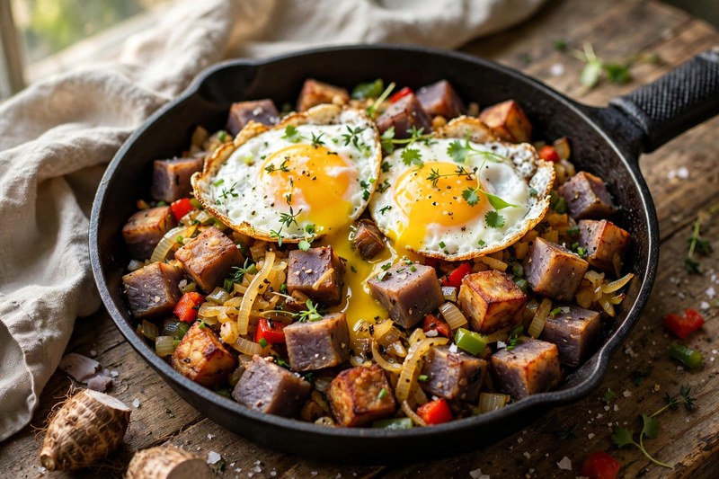 Photo of Taro Hash with Eggs, a breakfast recipe from FluentFuel