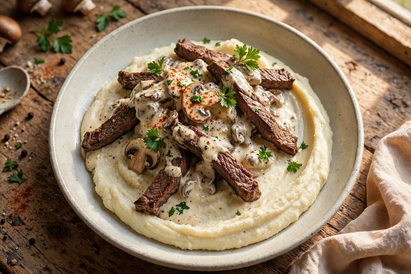 Photo of Beef Stroganoff over Cauliflower Mash, a dinner recipe from FluentFuel