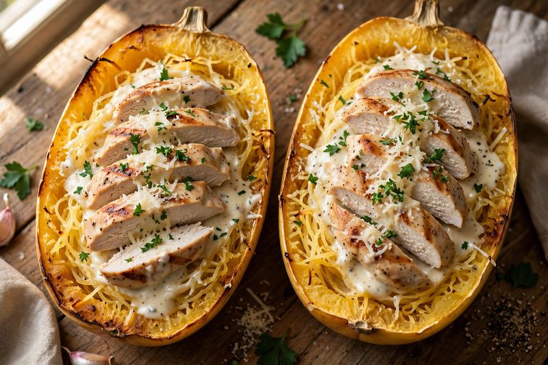 Photo of Alfredo Chicken Spaghetti Squash, a dinner recipe from FluentFuel