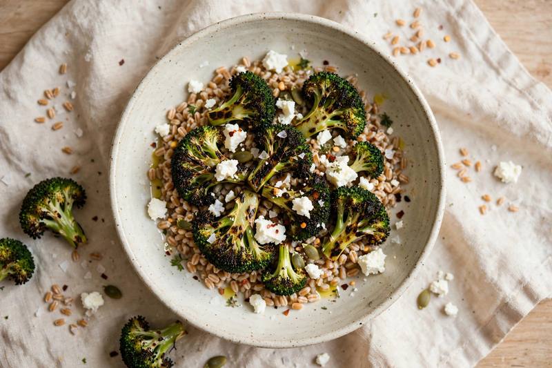 Photo of Charred Broccoli & Feta Grain Bowl, a lunch recipe from FluentFuel