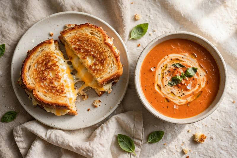 Photo of Three-Cheese Grilled Cheese & Tomato Soup, a lunch recipe from FluentFuel