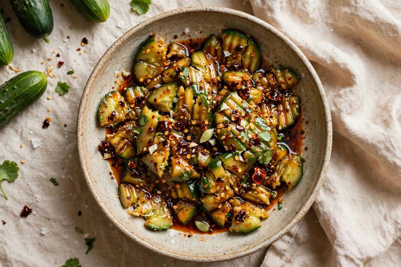 Photo of Smacked Spicy Cucumber Salad, a snack recipe from FluentFuel