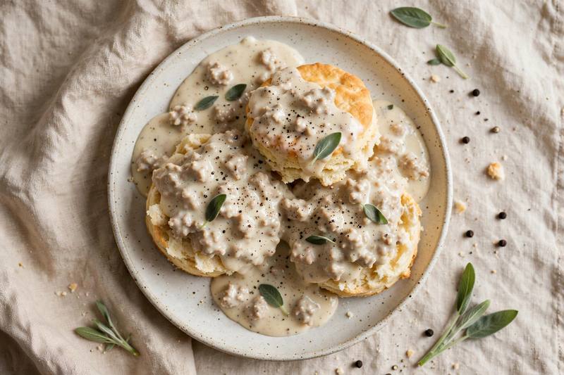 Photo of Biscuits with Turkey Sausage Gravy, a breakfast recipe from FluentFuel