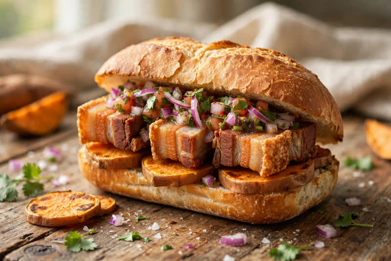 Photo of Pan con Chicharrón, a breakfast recipe from FluentFuel