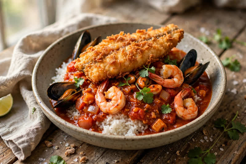 Photo of Pescado a lo Macho, a dinner recipe from FluentFuel