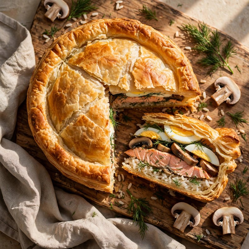 Photo of Kulebyaka (Salmon Pie), a dinner recipe from FluentFuel