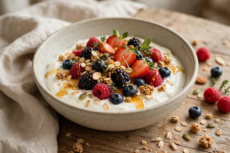 Photo of Skyr Bowl with Honey and Berries, a breakfast recipe from FluentFuel