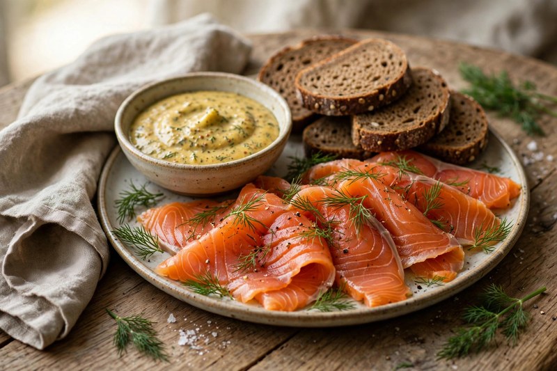 Photo of Gravlax with Mustard-Dill Sauce, a dinner recipe from FluentFuel