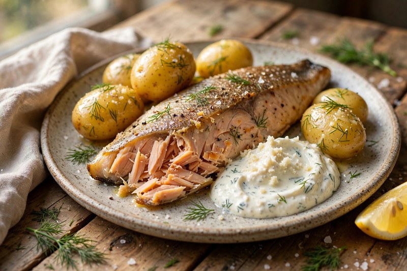 Photo of Hot-Smoked Trout with Horseradish Cream, a dinner recipe from FluentFuel