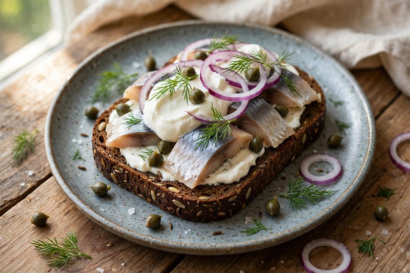 Photo of Pickled Herring Smørrebrød, a lunch recipe from FluentFuel