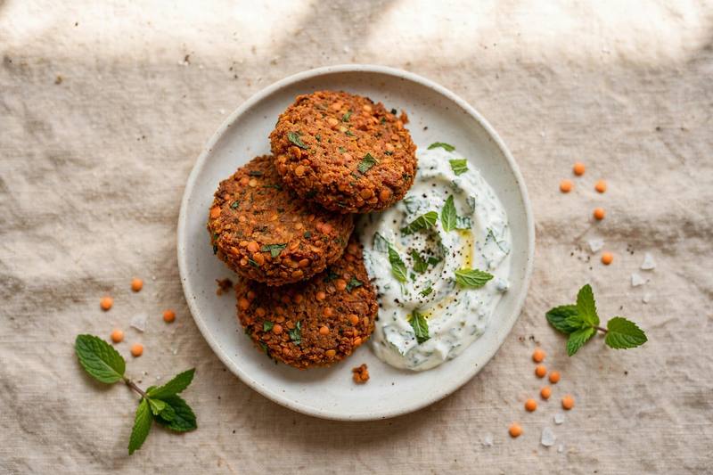 Photo of Red Lentil Patties with Mint Yogurt, a snack recipe from FluentFuel