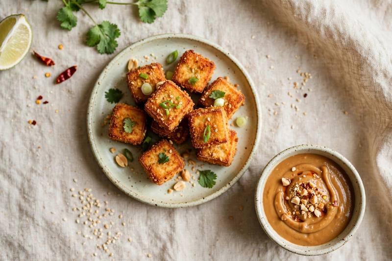 Photo of Crispy Tofu Bites with Peanut Sauce, a snack recipe from FluentFuel