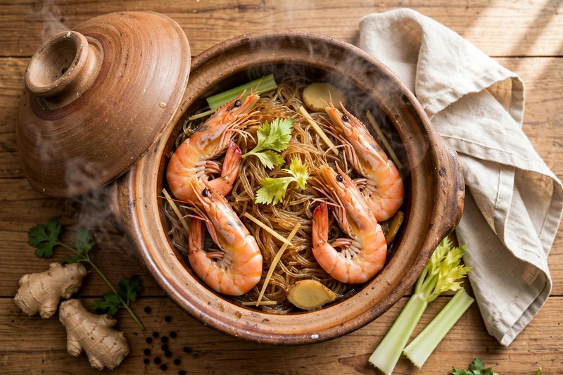 Photo of Kung Ob Woon Sen (Clay-Pot Prawns with Glass Noodles), a dinner recipe from FluentFuel