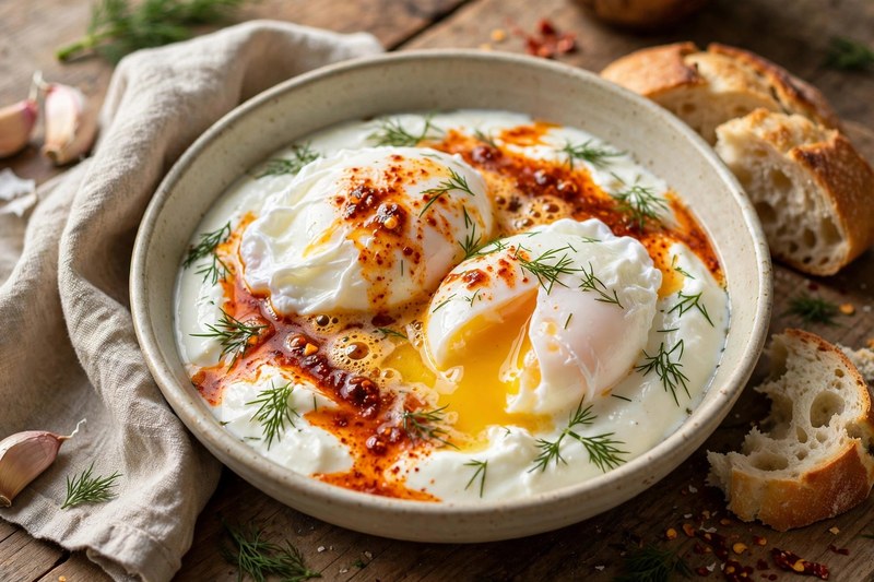 Photo of Cilbir (Poached Eggs over Yogurt), a breakfast recipe from FluentFuel